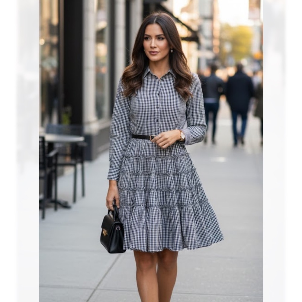 Jourden Elegant Black and White Checkered Long Sleeve Dress